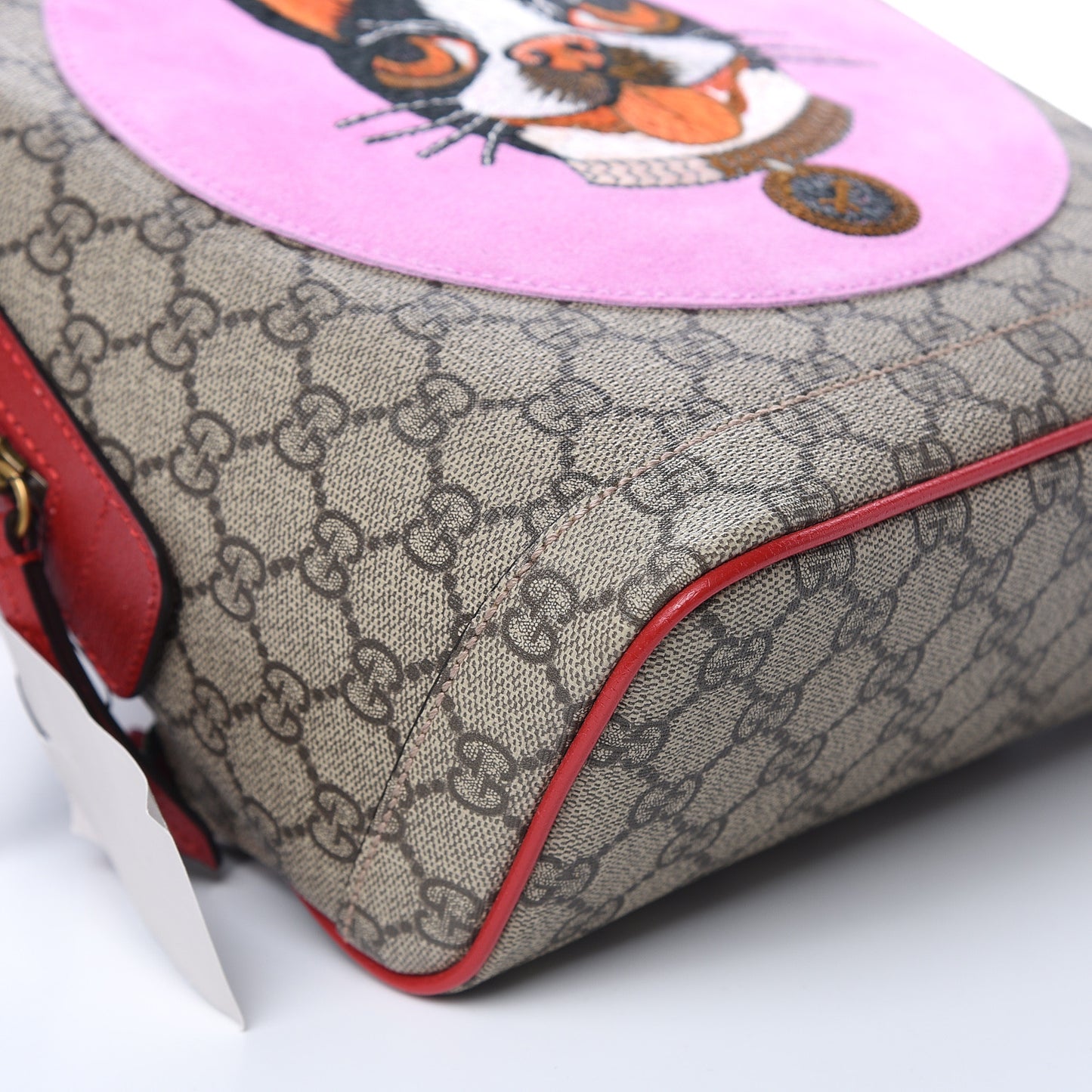 GG Supreme Monogram Web Bosco Patch Dome Backpack Beige Malva Hibiscus Red