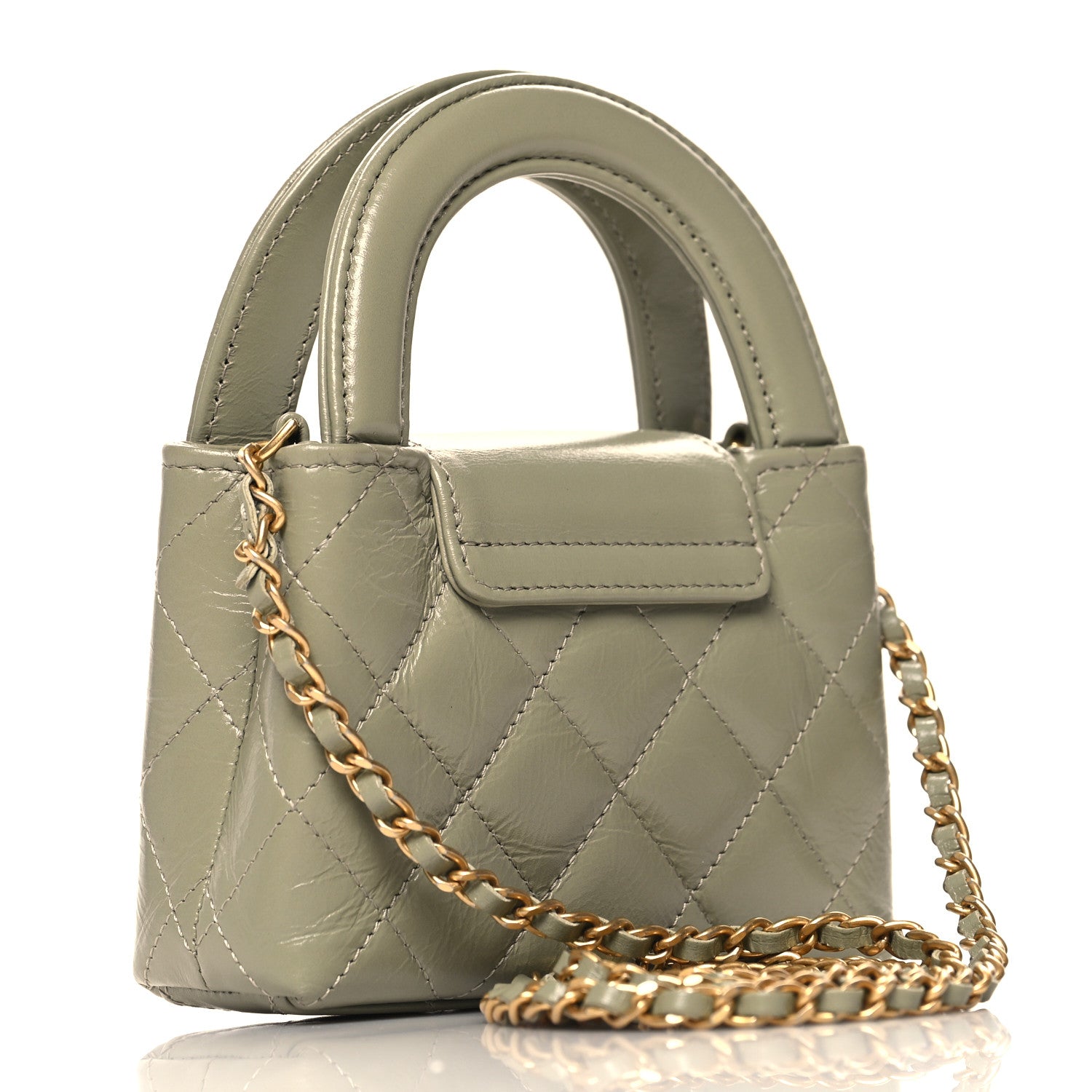 Chanel Shiny Aged Calfskin Quilted Mini Nano Kelly Shopper Khaki 3 of 11