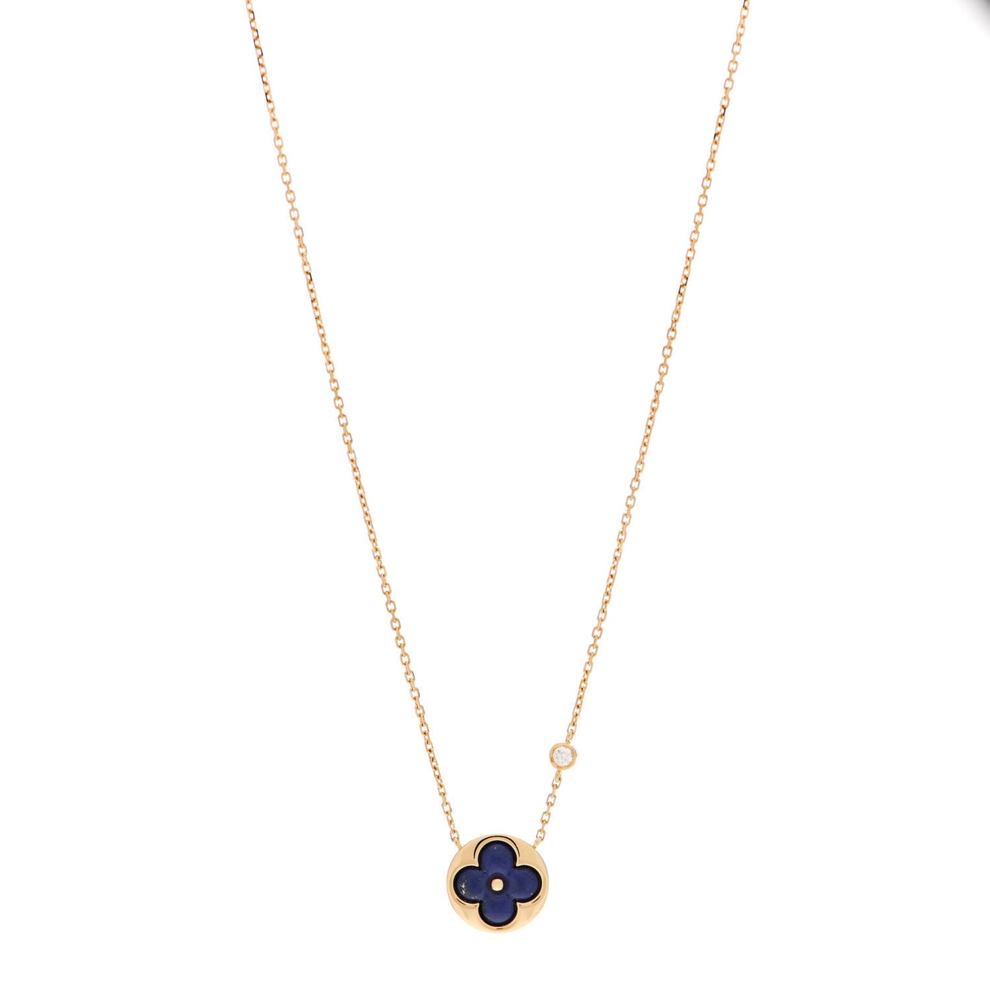 18K Yellow Gold Diamond Lapis Lazuli Color Blossom BB Sun Pendant Necklace