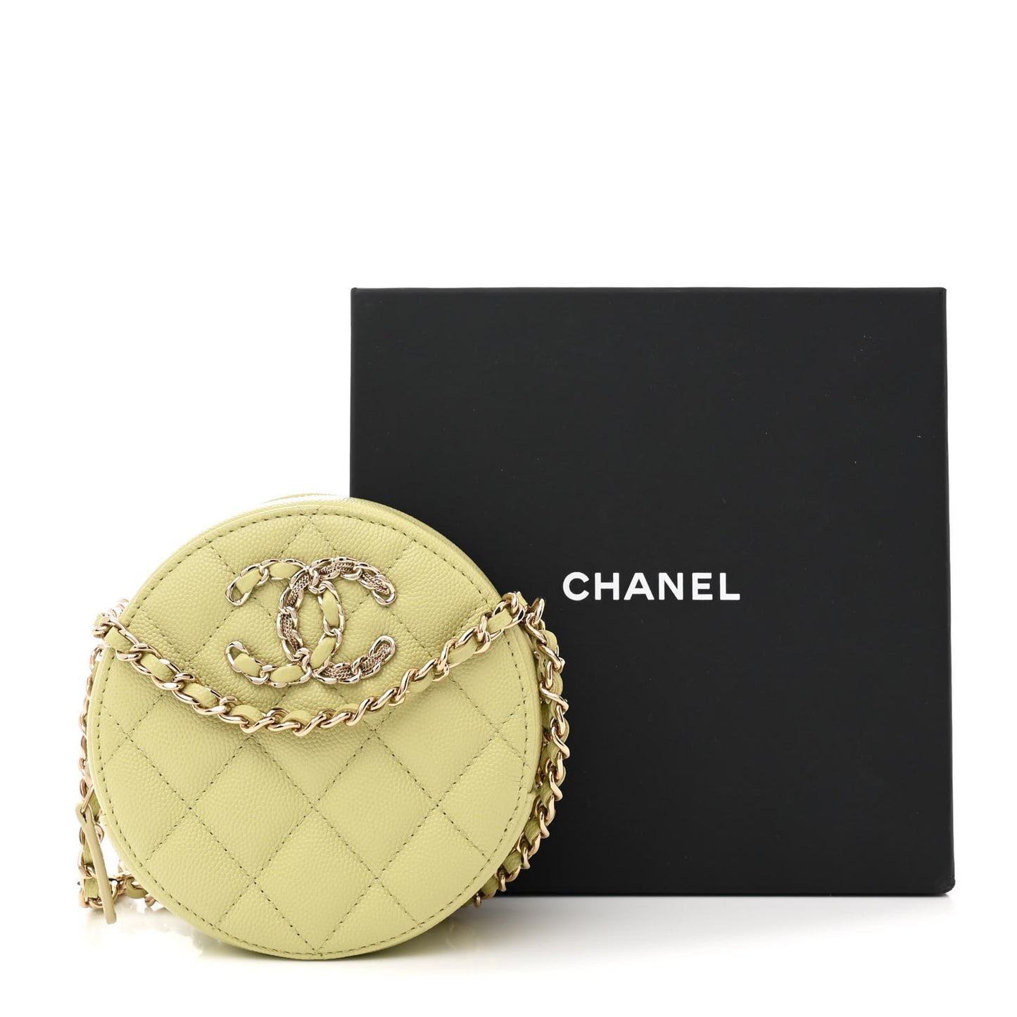 Caviar Quilted French New Wave Round Clutch With Chain Light Green