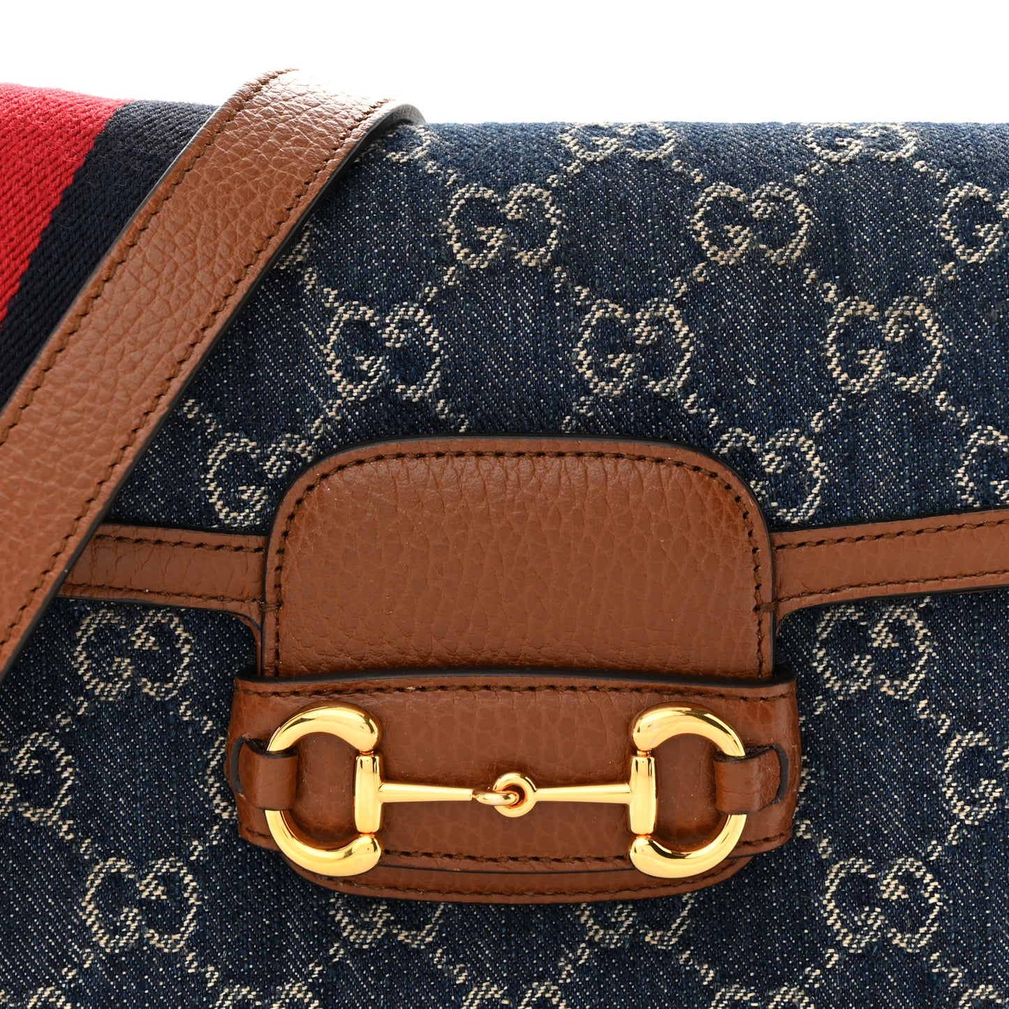 New Denim GG Monogram Dollar Calfskin Web Mini Horsebit 1955 Shoulder Bag Blue Tea Cuir Epilog