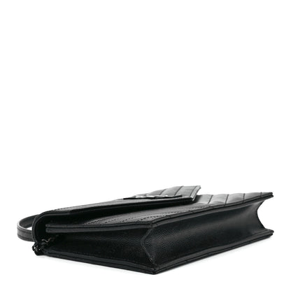 Saint Laurent Grain De Poudre Matelasse Chevron Monogram Monochrome Envelope Chain Wallet Black 4 of 12