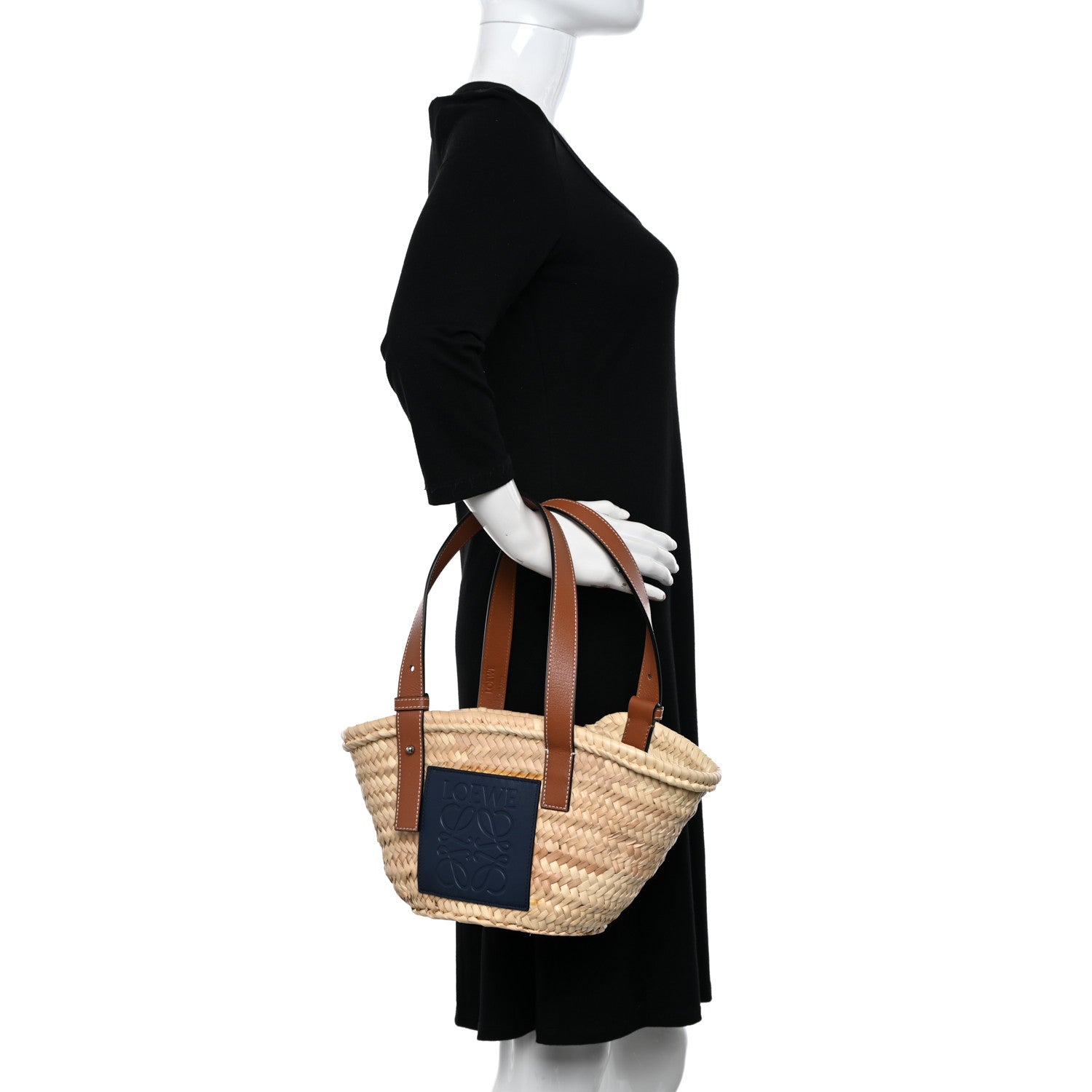 Loewe Raffia Small Basket Tote Bag Natural Tan Navy 2 of 11