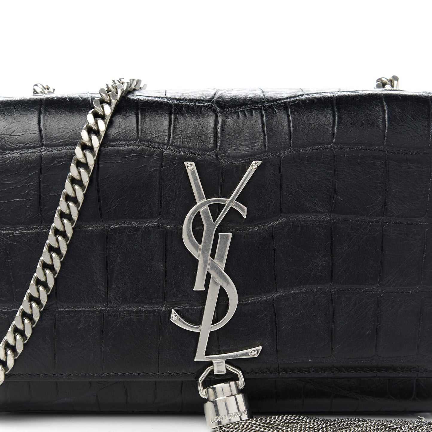 Calfskin Crocodile Embossed Monogram Small Kate Tassel Satchel Black