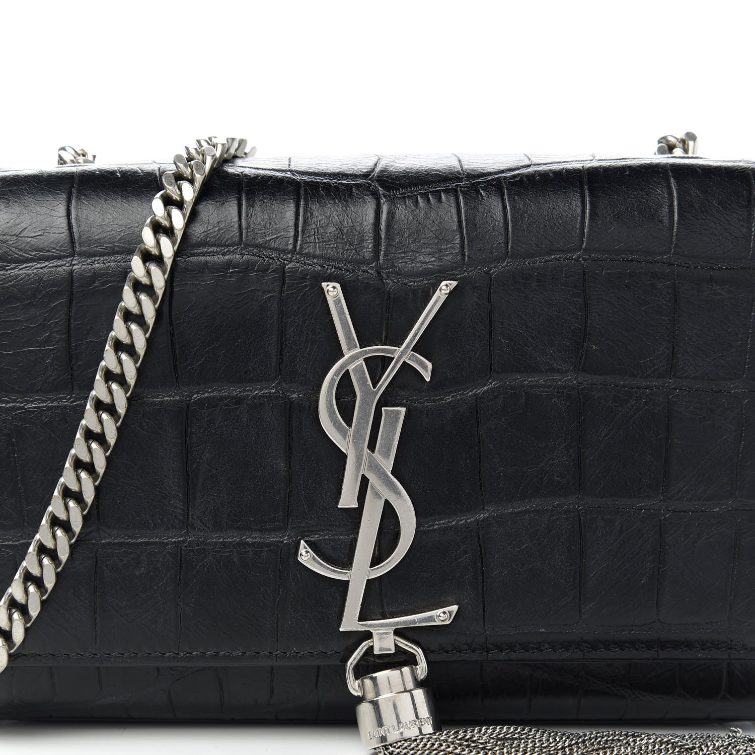 Saint Laurent Calfskin Crocodile Embossed Monogram Small Kate Tassel Satchel Black 10 of 10