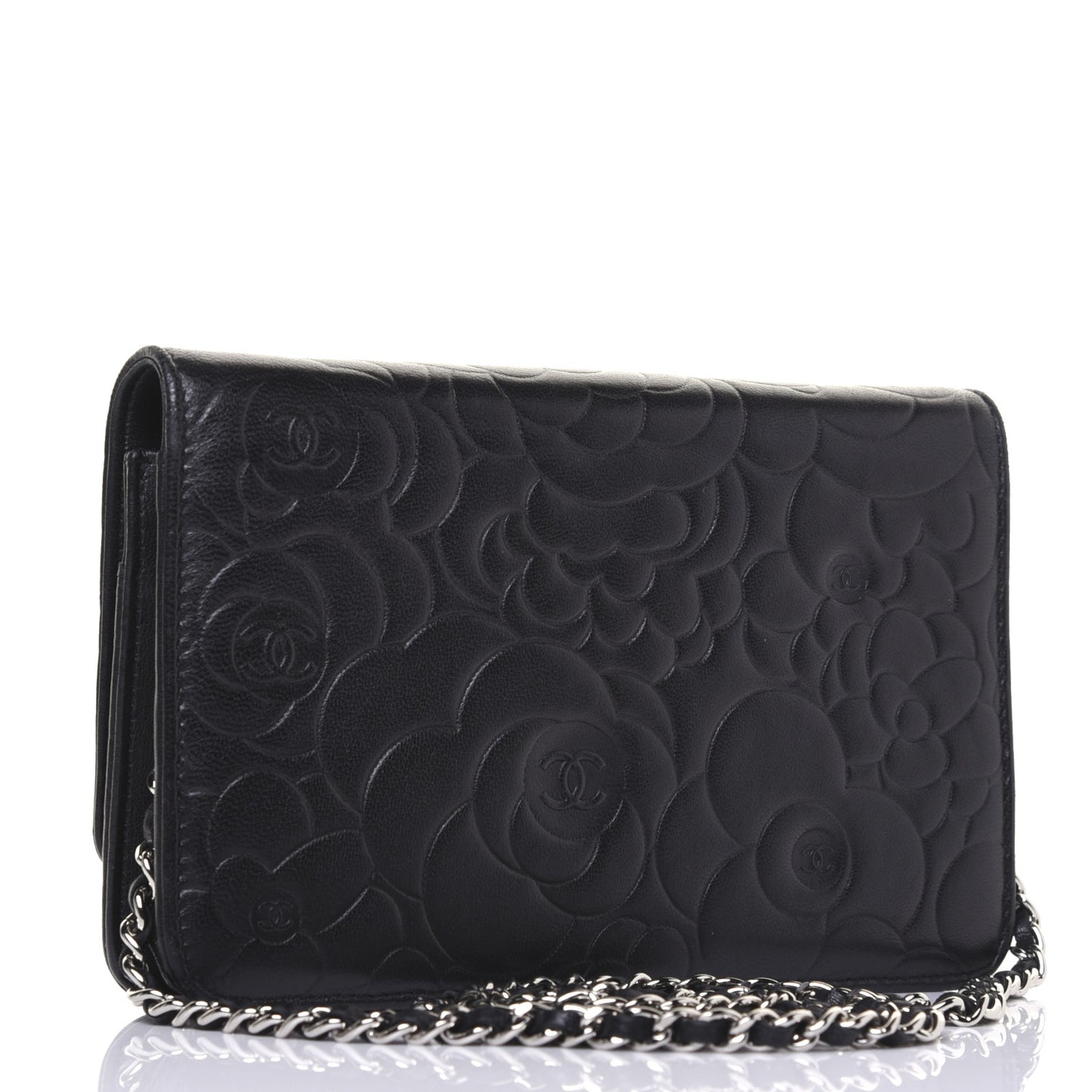 Lambskin Camellia Embossed Wallet on Chain WOC Black