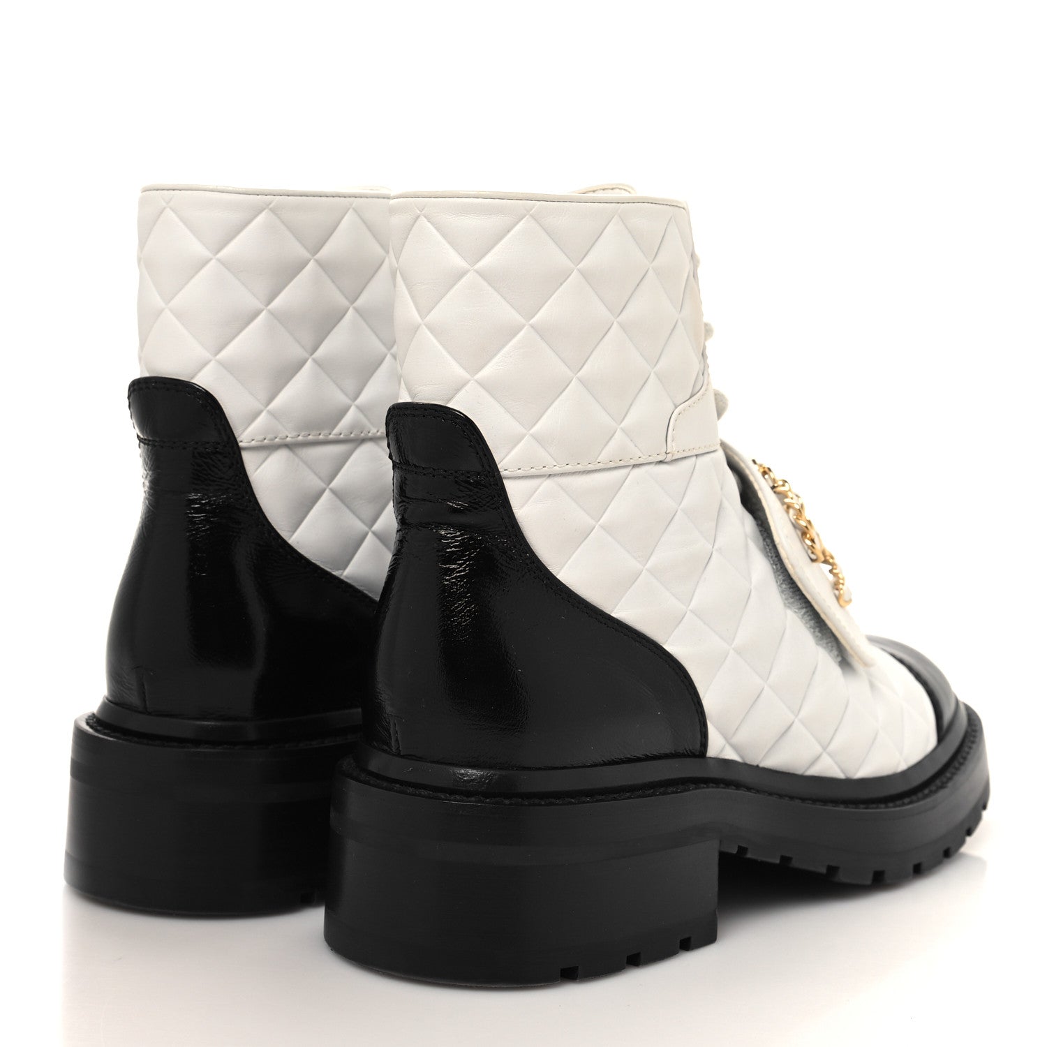 Chanel Calfskin Shiny Calfskin Quilted Lace Up Combat Boots 36 White Black 4 of 8