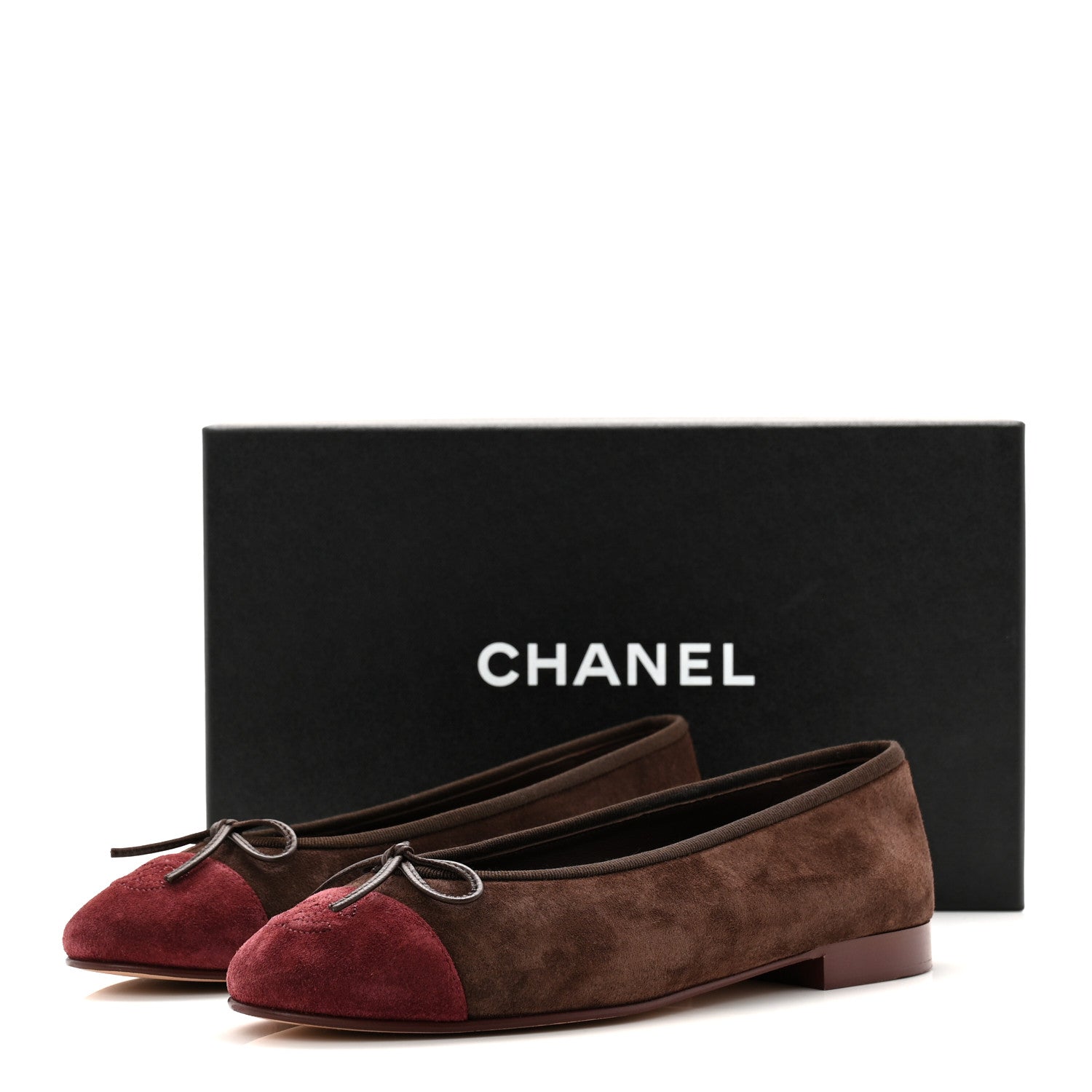 Chanel Suede Calfskin Cap Toe CC Ballerina Flats 37.5 Dark Brown Burgundy 10 of 10