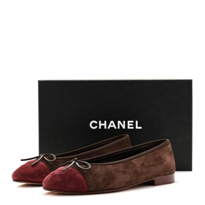 Chanel Suede Calfskin Cap Toe CC Ballerina Flats 37.5 Dark Brown Burgundy 10 of 10