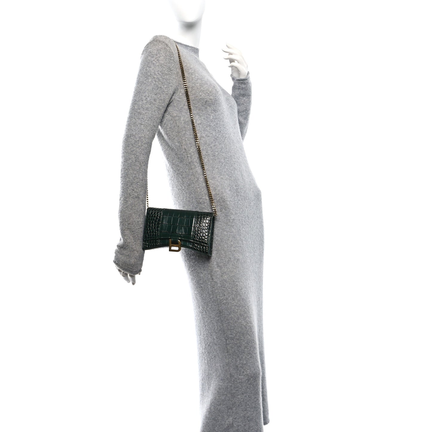 Shiny Calfskin Crocodile Embossed Hourglass Chain Bag Forest Green