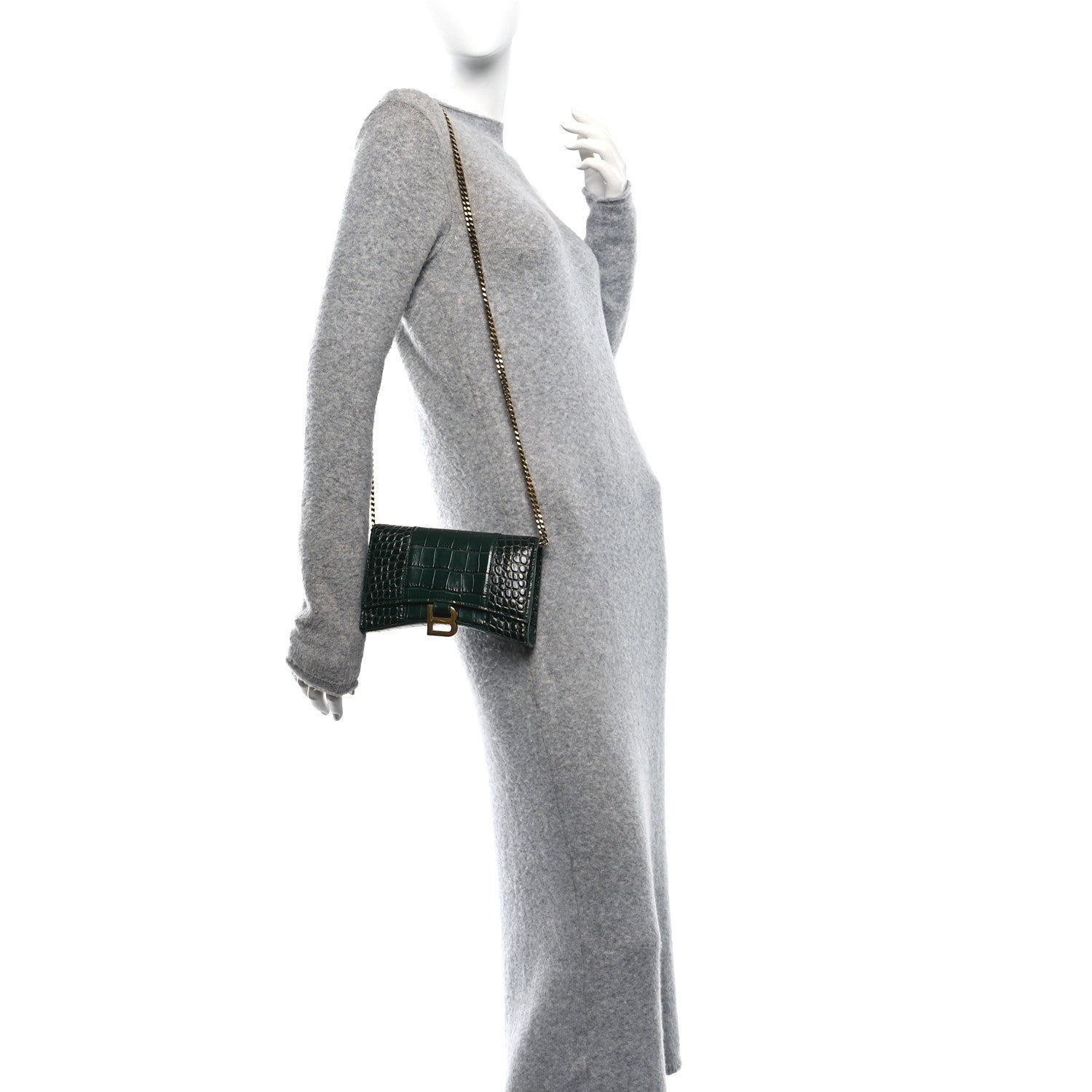 Balenciaga Shiny Calfskin Crocodile Embossed Hourglass Chain Bag Forest Green 2 of 9