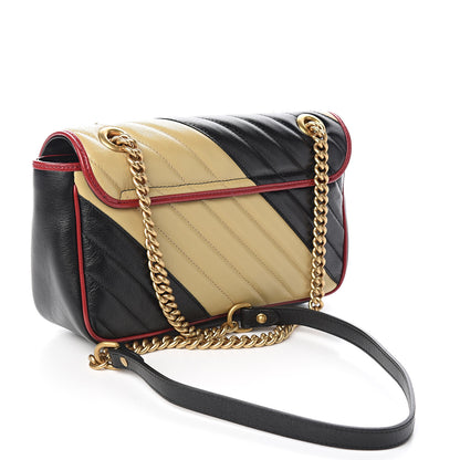 Gucci Vintage Effect Calfskin Matelasse Diagonal Striped Small Torchon GG Marmont Shoulder Bag Black Beige 2 of 9