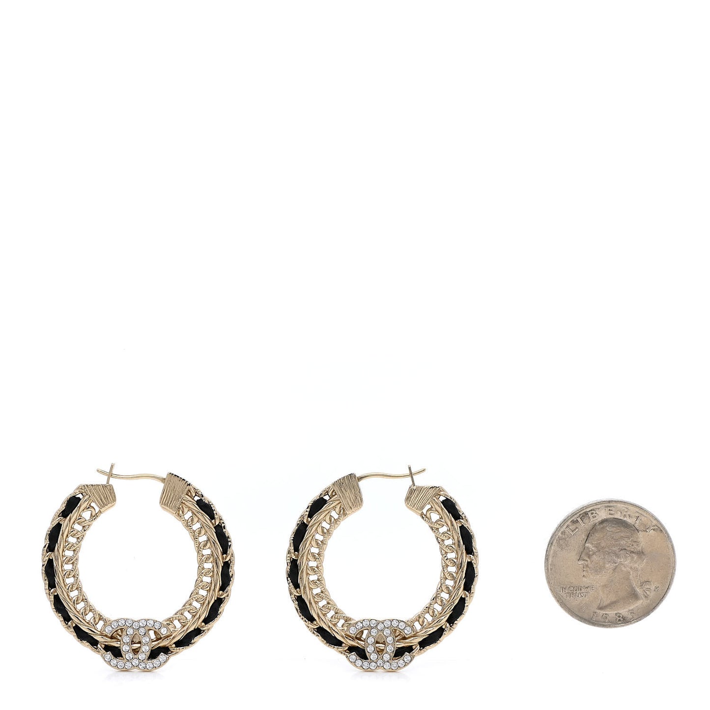 Crystal Lambskin CC Chain Hoop Earrings Gold Black