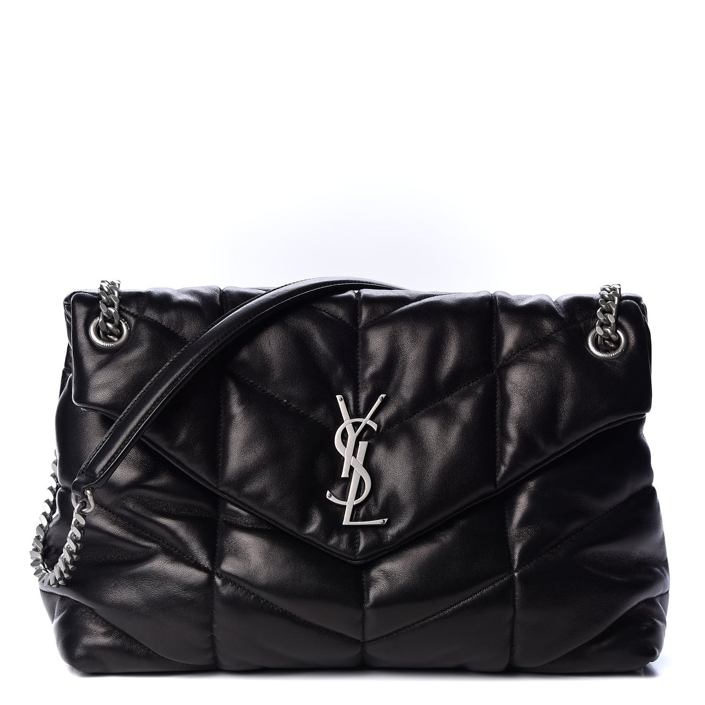Lambskin Quilted Medium Loulou Puffer Monogram Chain Satchel Black