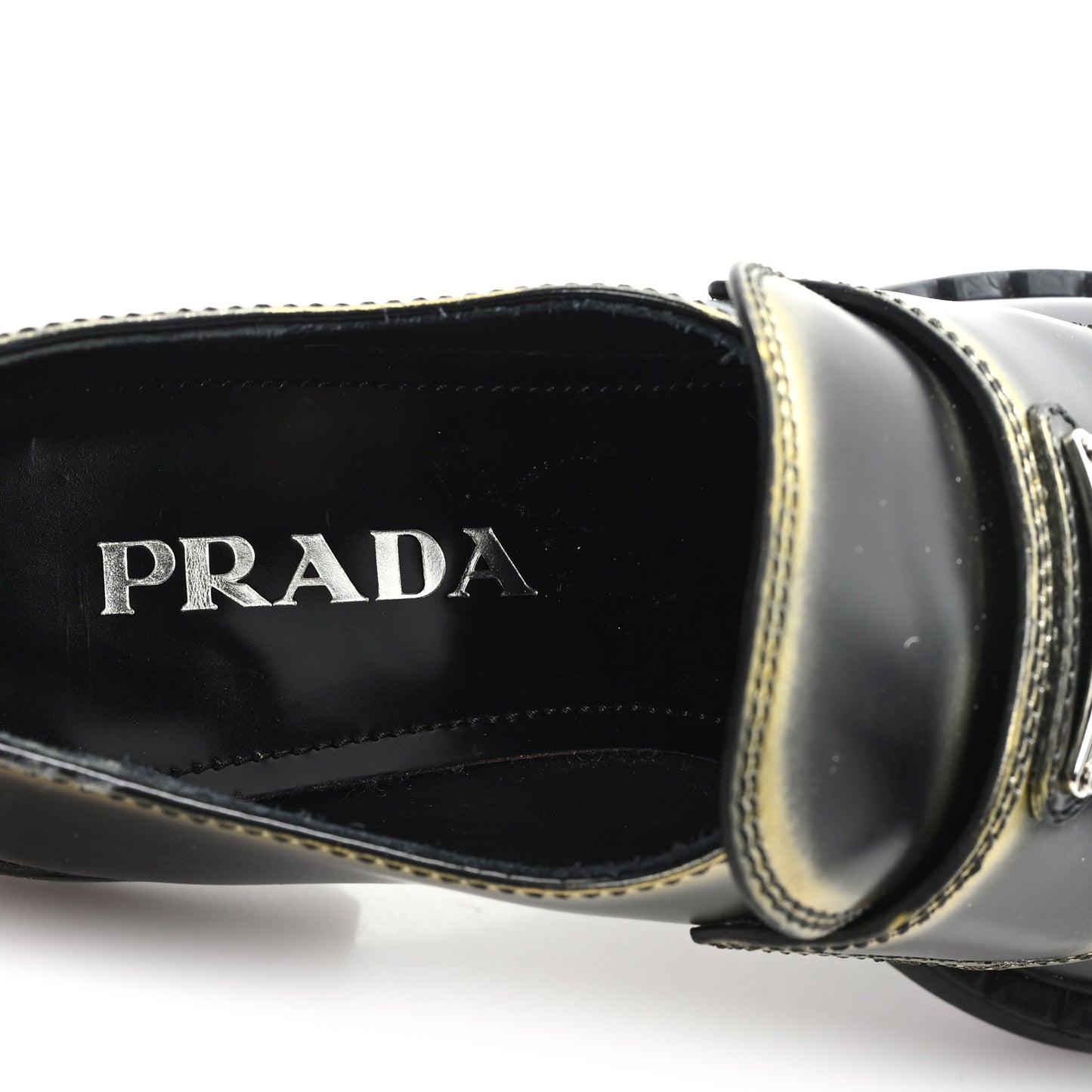 Spazzolato Sfumato Metal Triangle Logo 50mm Loafers 36 Black Platino
