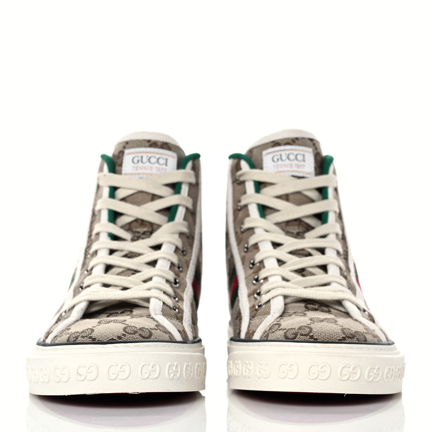 Gucci GG Monogram Web Womens 1977 Tennis High Top Sneakers 38 Beige Ebony Mystic White 2 of 8