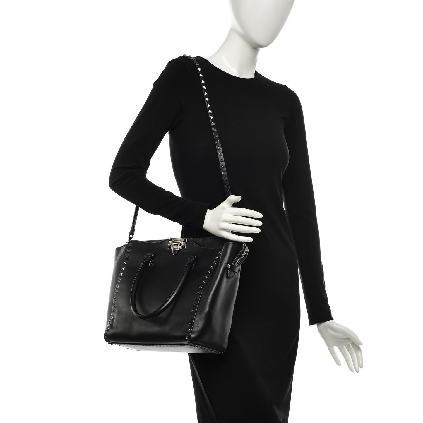 Vitello Rockstud Double Handle Tote Black