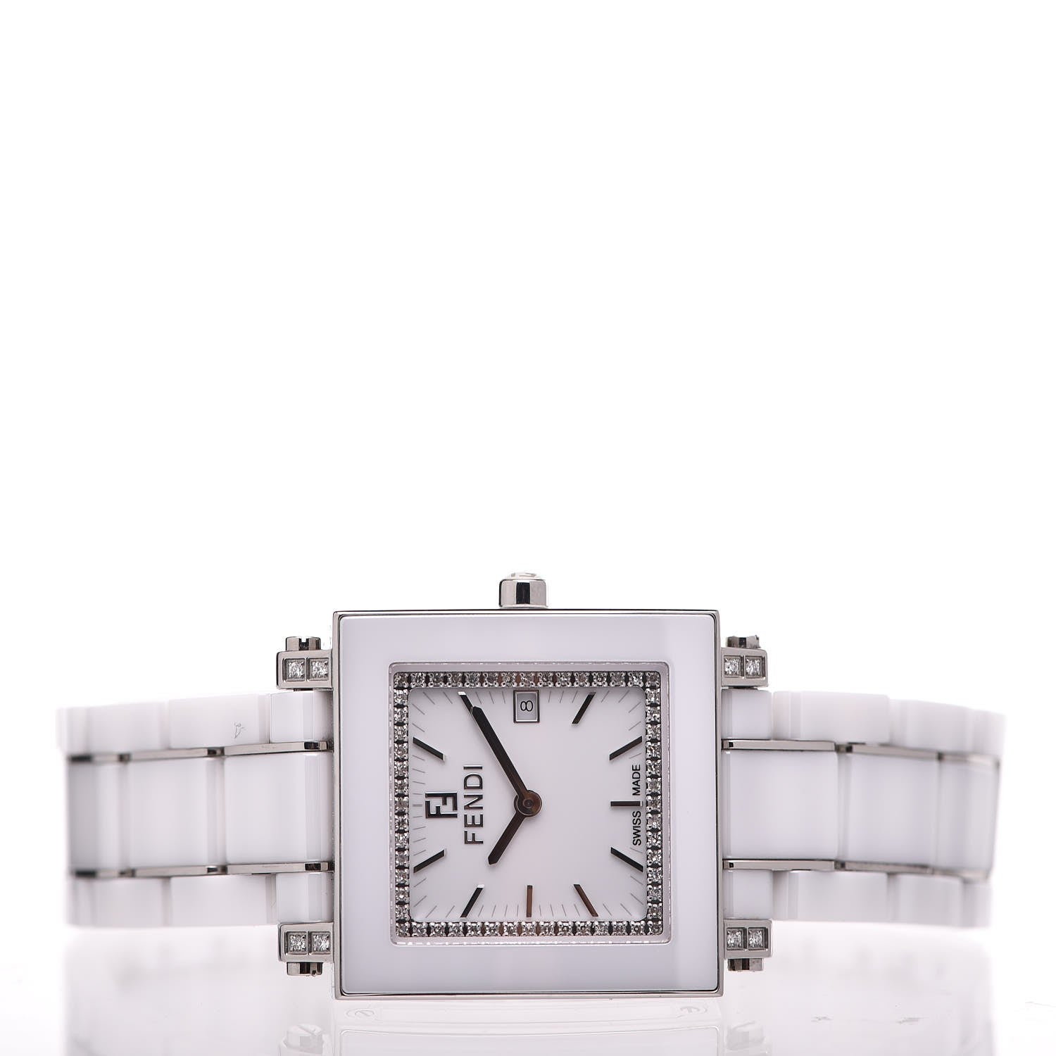 Fendi Stainless Steel Ceramic Diamond Bezel 30mm Quadro Quartz Watch White 3 of 7