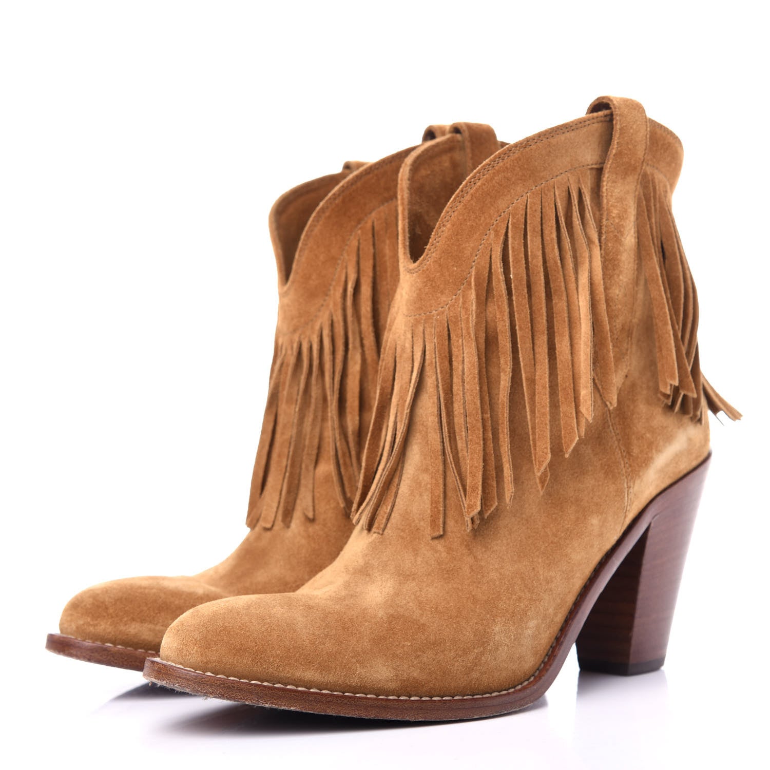 Saint Laurent Suede New Western 80 Fringe Ankle Boots 38.5 Tan 3 of 11
