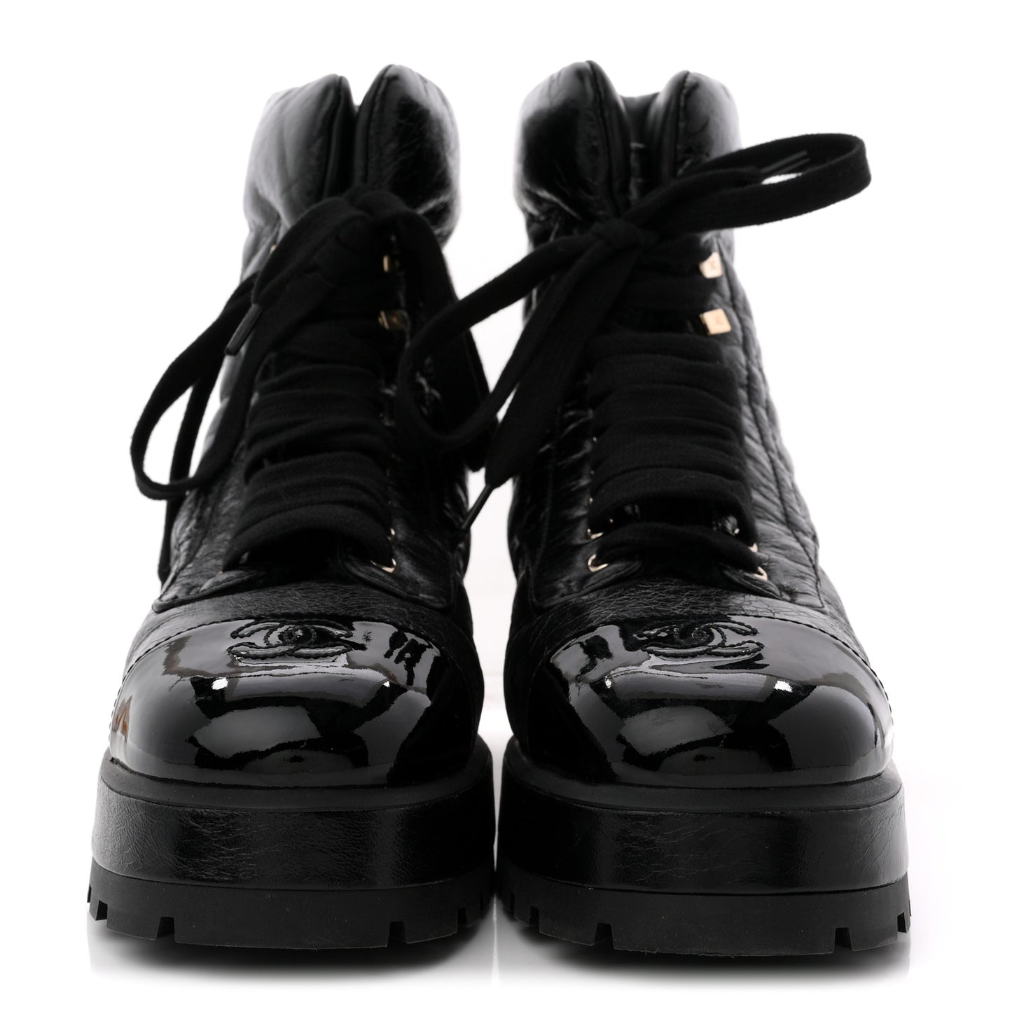 Crumpled Patent Lambskin Calfskin Quilted Lace Up Combat Boots 41.5 Black
