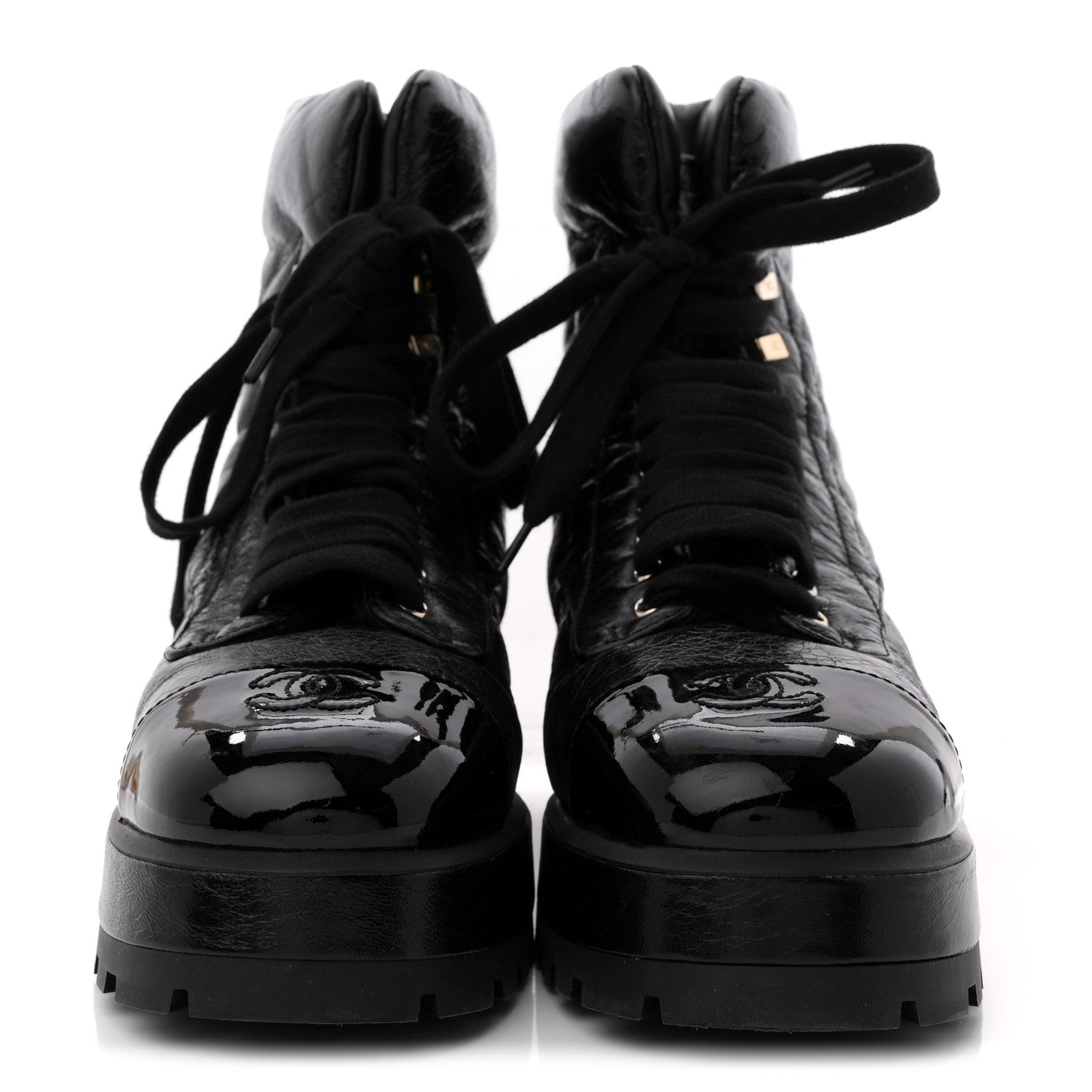 Chanel Crumpled Patent Lambskin Calfskin Quilted Lace Up Combat Boots 41.5 Black 3 of 12