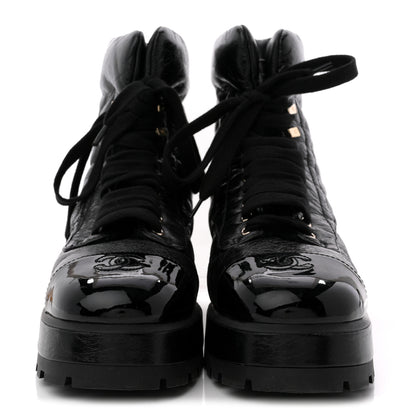 Chanel Crumpled Patent Lambskin Calfskin Quilted Lace Up Combat Boots 41.5 Black 3 of 12