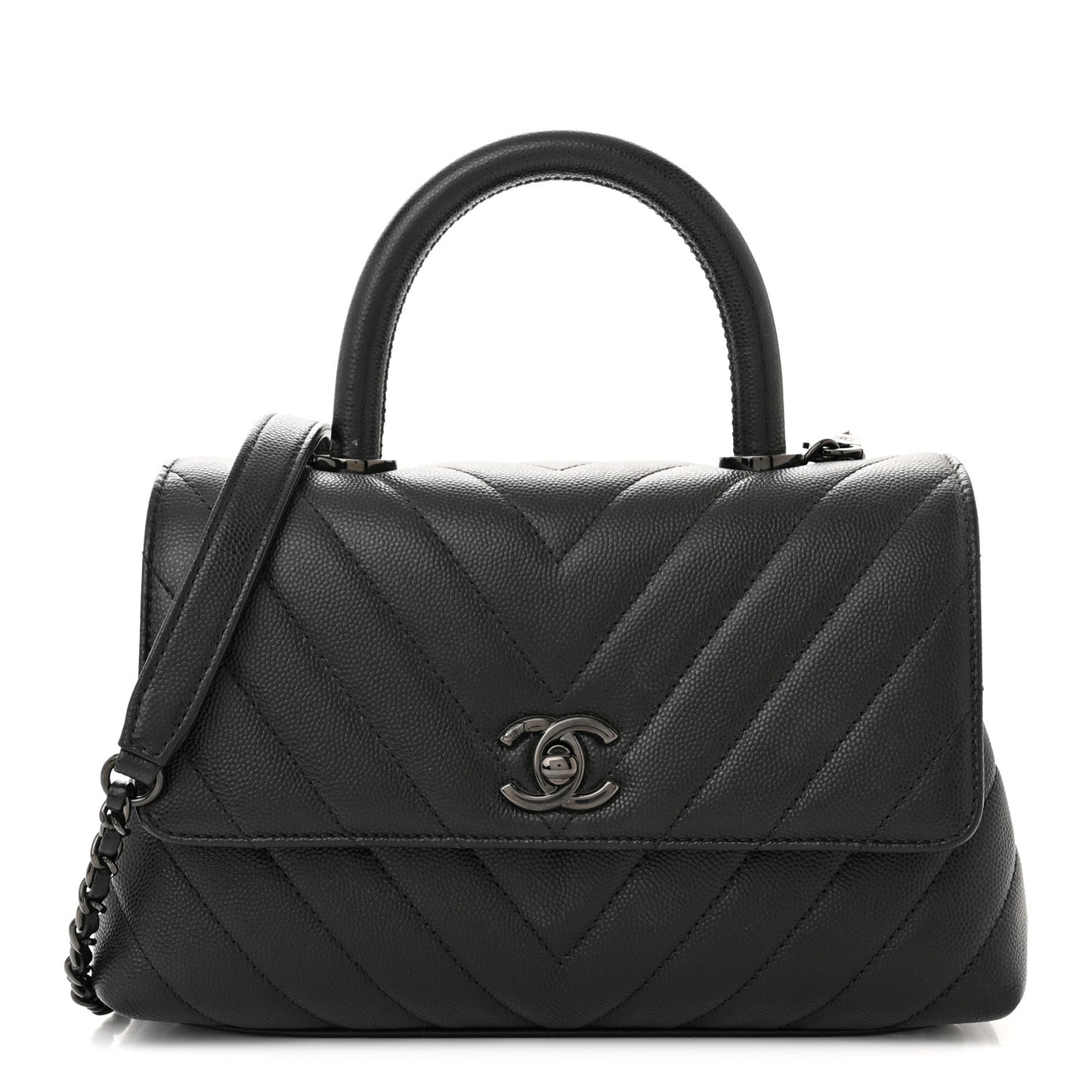 Caviar Chevron Quilted Mini Coco Handle Flap So Black