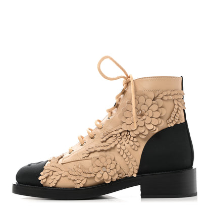 Chanel Embroidered Lambskin Grosgrain Lace Up Boots 37 Beige Black 1 of 9