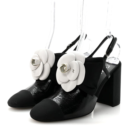Chanel Crumpled Shiny Fabric Grosgrain Cap Toe Camellia Bow Slingback Pumps 39 Black 7 of 18