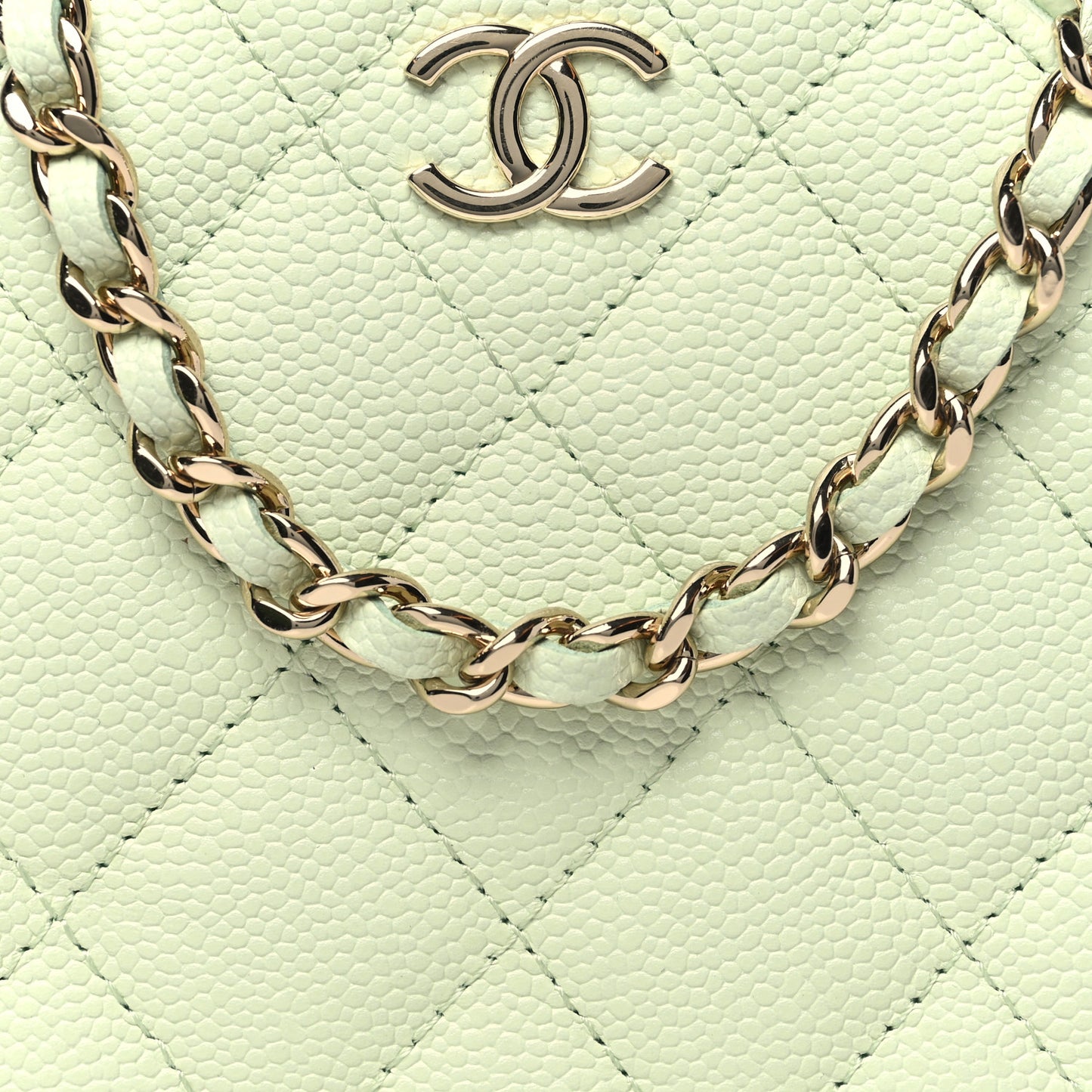 Caviar Quilted Round Handle With Care Vanity With Chain Light Green