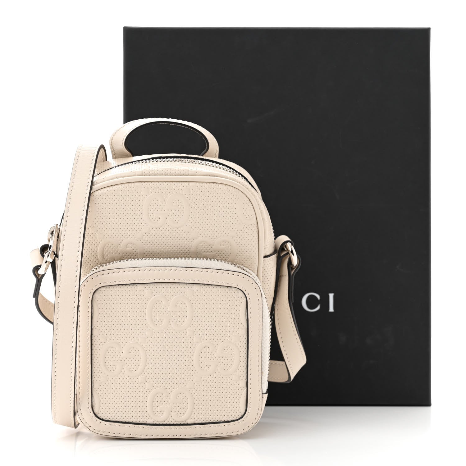 Gucci Calfskin GG Tennis Embossed Mini Double Zip Messenger Bag Mystic White 13 of 13