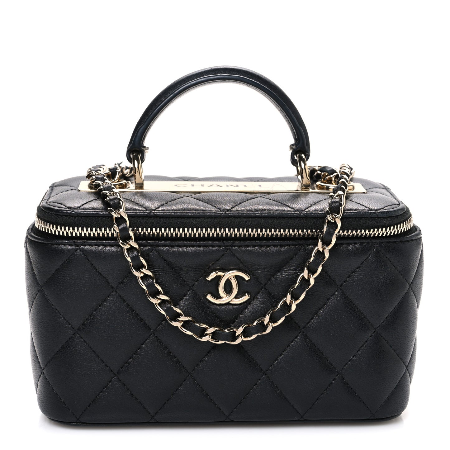 Lambskin Quilted Trendy Small Top Handle Vanity Case With Chain Black