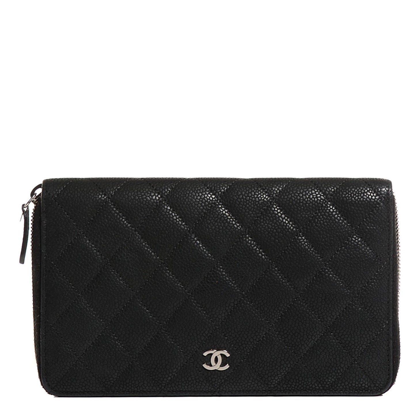 Iridescent Caviar Quilted Large Zip Around Organizer Wallet Black