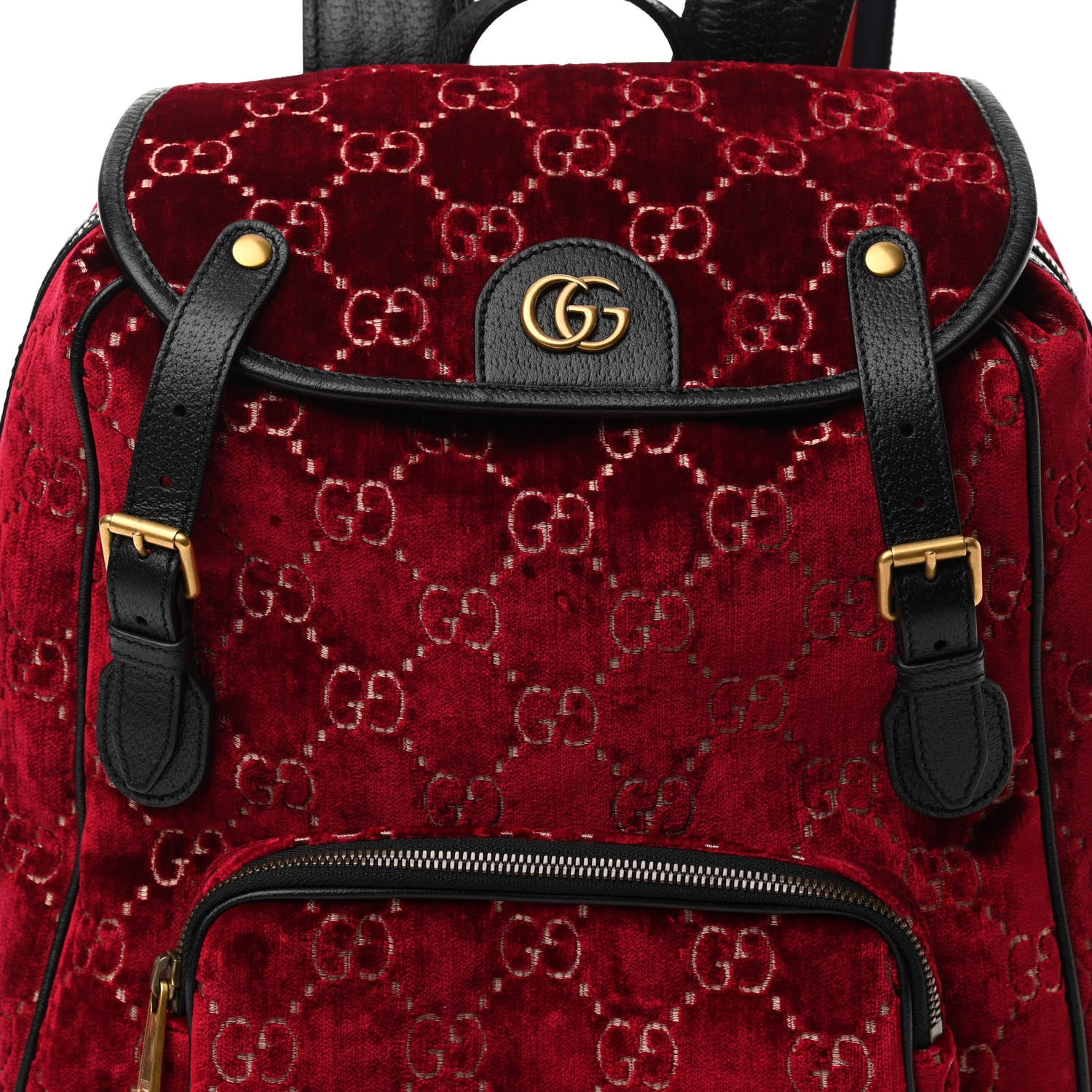 Gucci Velvet GG Monogram Textured Calfskin Web Small Double Buckle Backpack Red Cipria Black 8 of 10