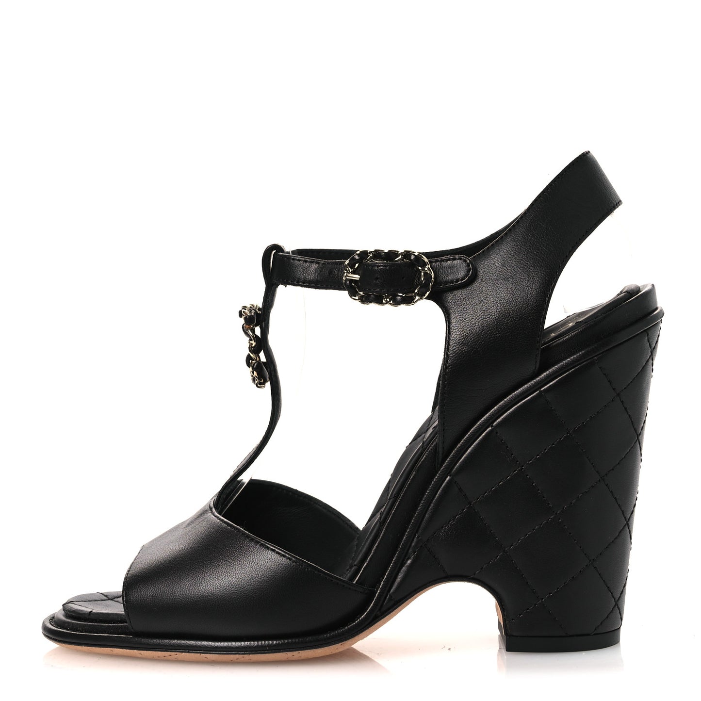 Lambskin Quilted Chain CC Wedge Sandals 39 Black