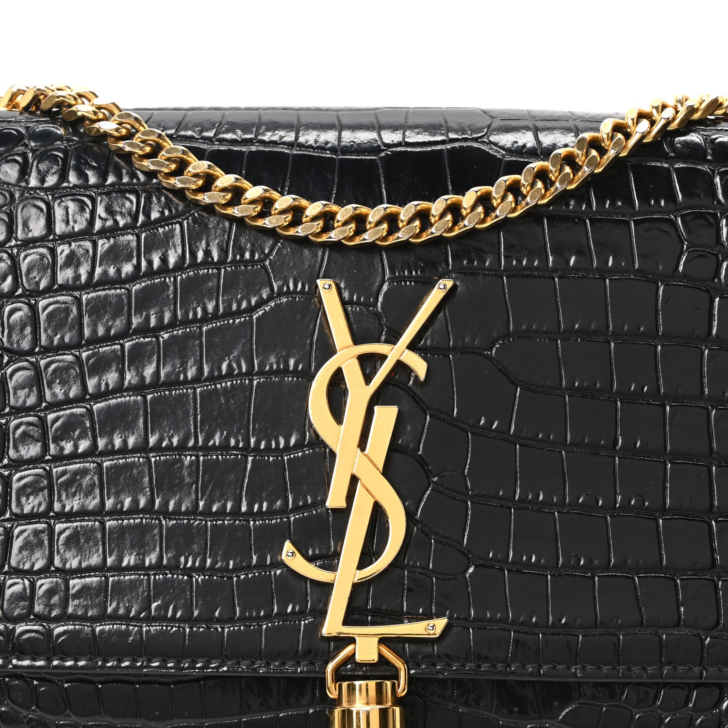 Saint Laurent Calfskin Crocodile Embossed Small Classic Monogram Kate Tassel Satchel Black 8 of 10