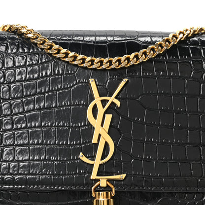 Saint Laurent Calfskin Crocodile Embossed Small Classic Monogram Kate Tassel Satchel Black 8 of 10