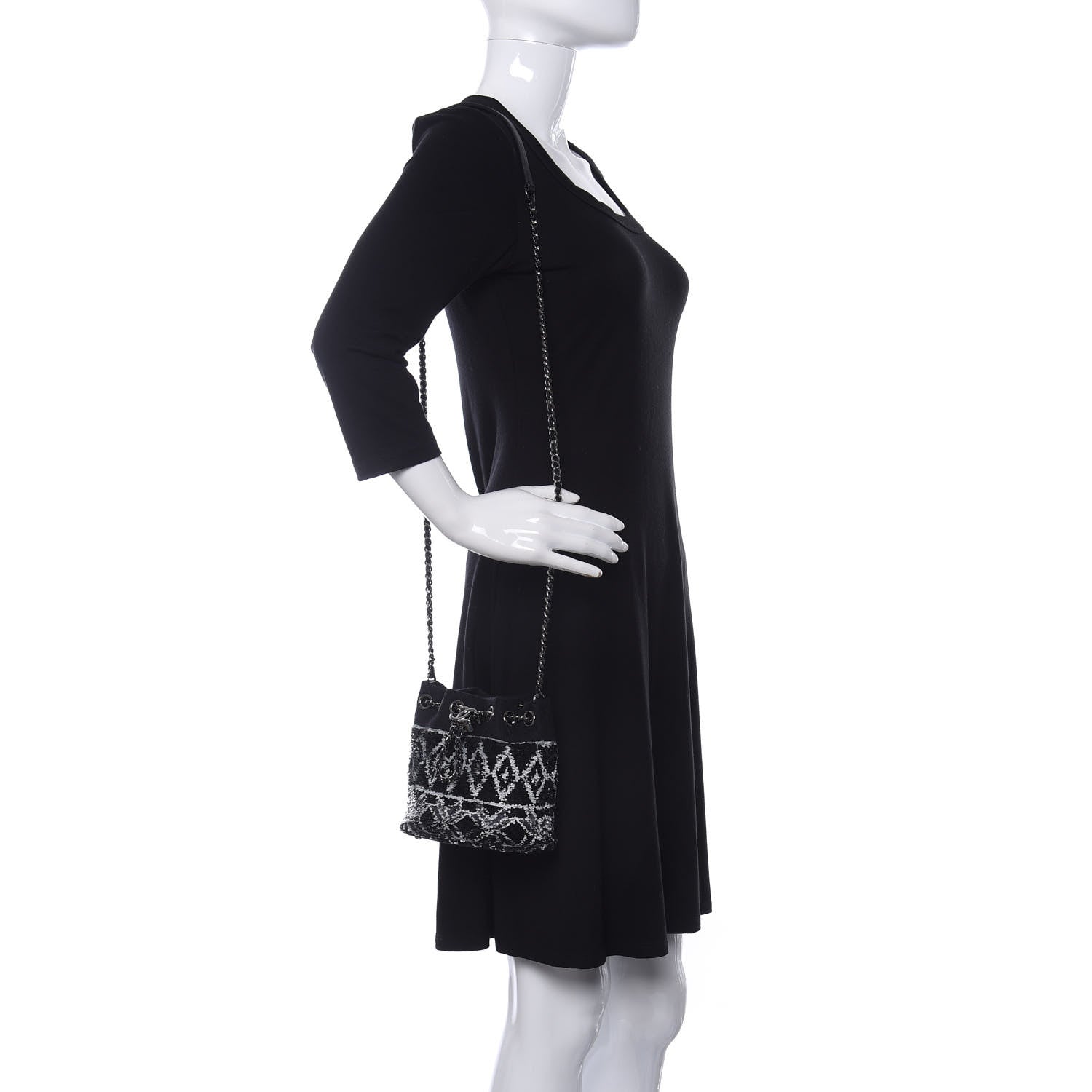 Chanel Sequin Wool Drawstring Bag Bag Black Silver 2 of 9
