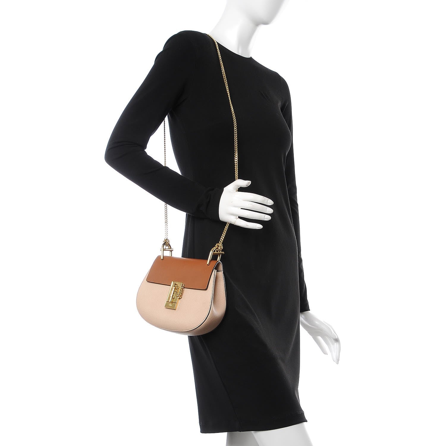 Chloe Grained Calfskin Lambskin Mini Bi-Color Drew Shoulder Bag Powder Beige Caramel 2 of 10