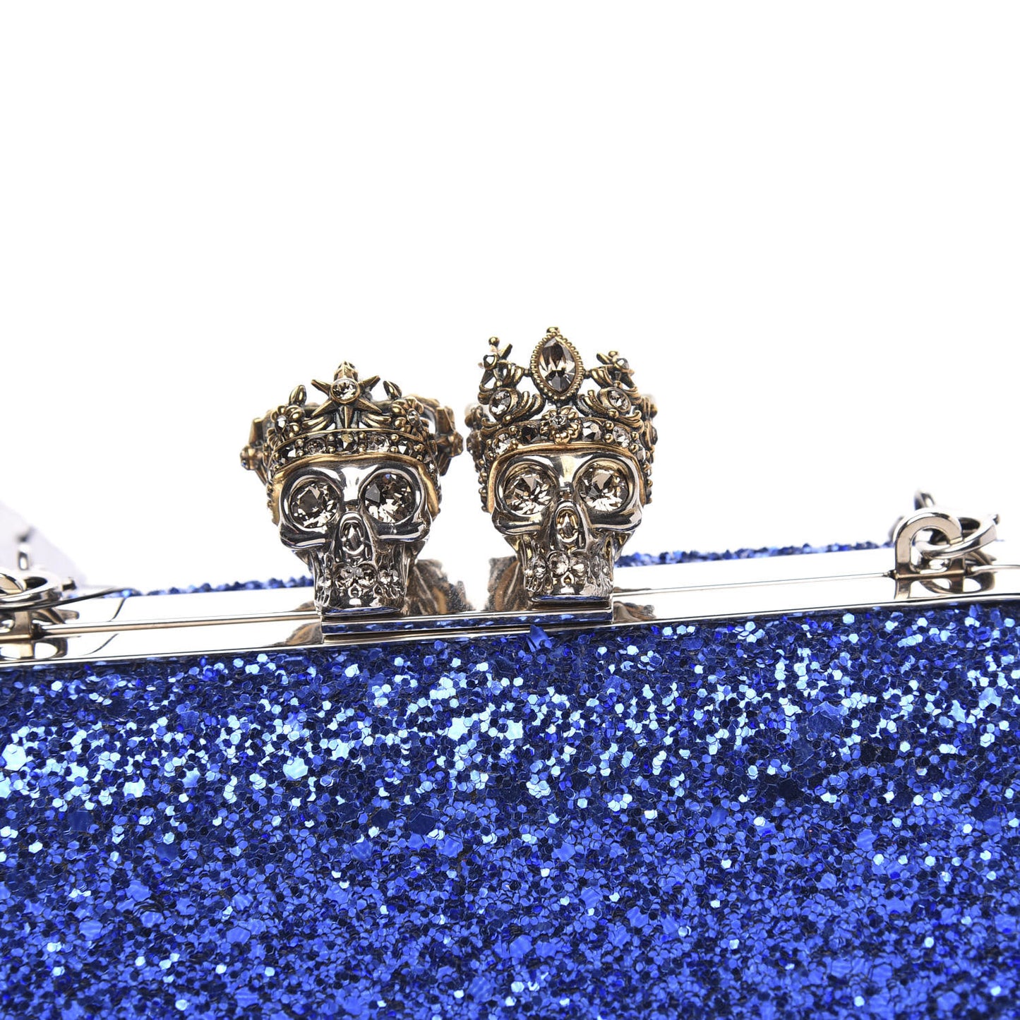 PVC Glitter Queen and King Skull Box Chain Clutch North Blue