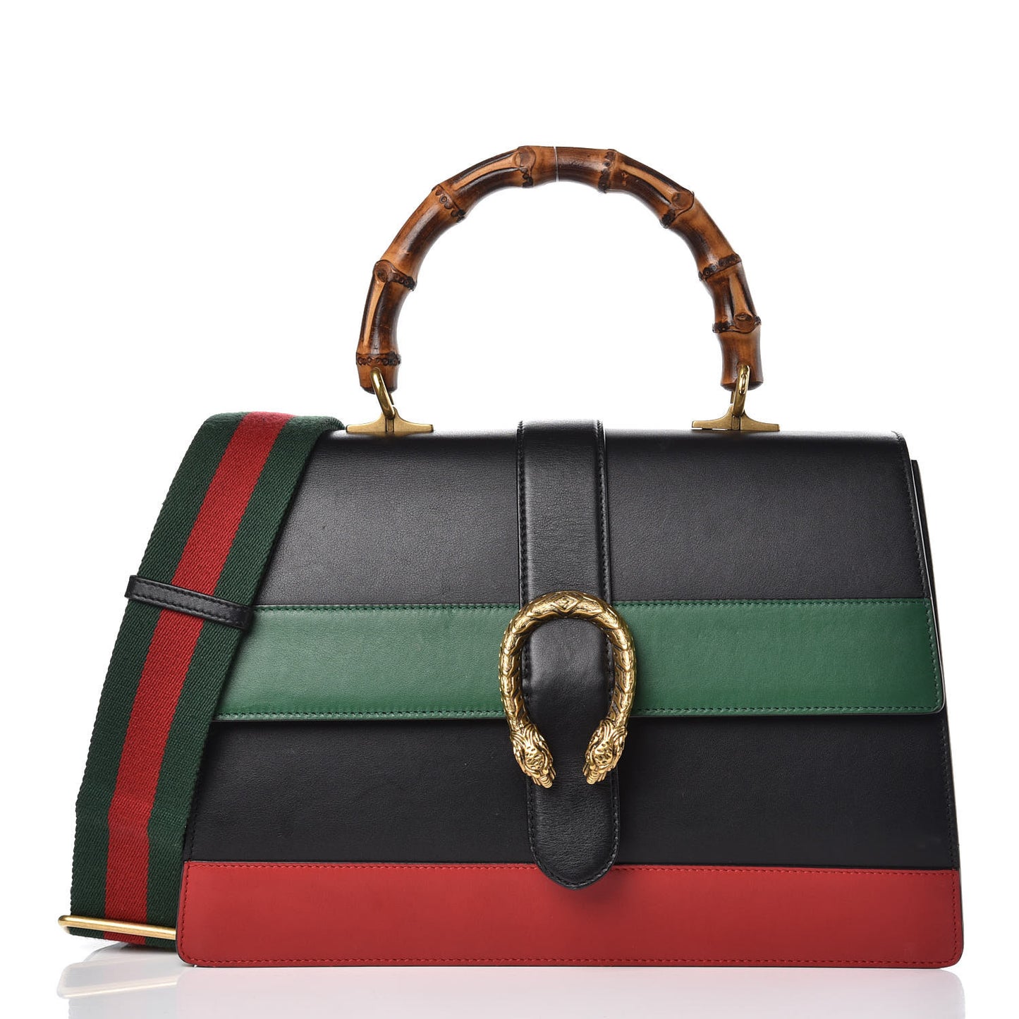 Calfskin Bamboo Web Large Dionysus Top Handle Bag Black Bright Evergreen Hibiscus Red