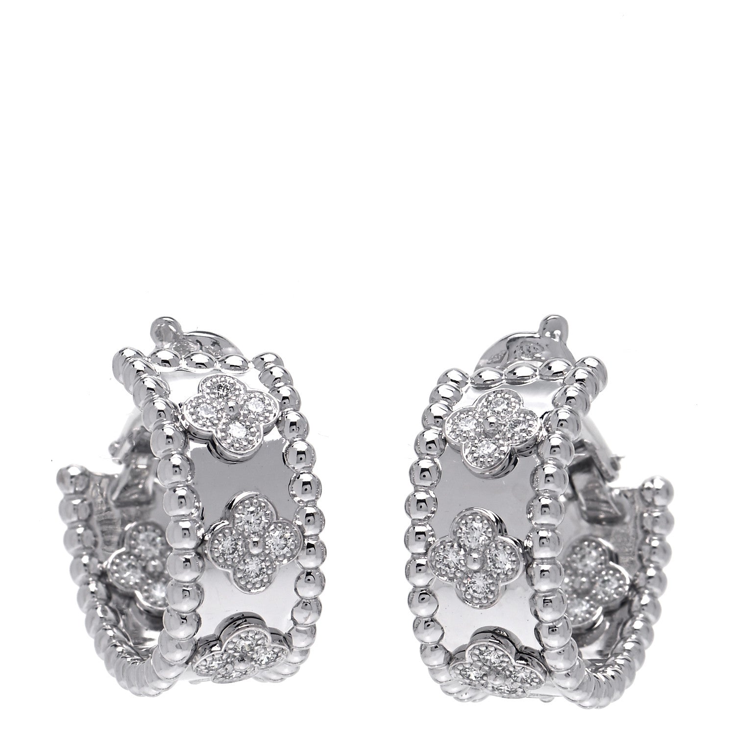 Van Cleef & Arpels 18K White Gold Diamond Perlee Clovers Hoop Earrings 1 of 7