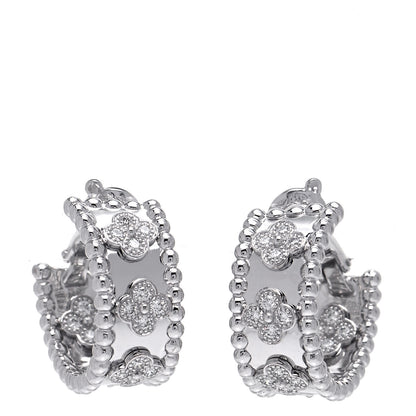 Van Cleef & Arpels 18K White Gold Diamond Perlee Clovers Hoop Earrings 1 of 7