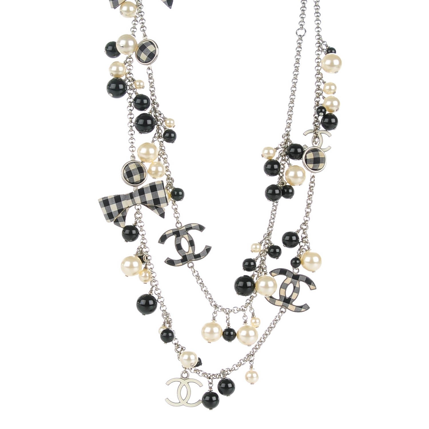 Chanel Pearl Beaded Gingham CC Long Necklace Black 1 of 7