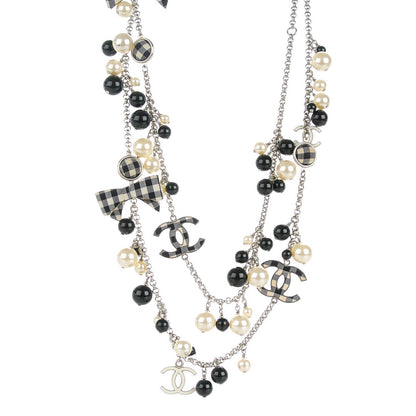 Chanel Pearl Beaded Gingham CC Long Necklace Black 1 of 7