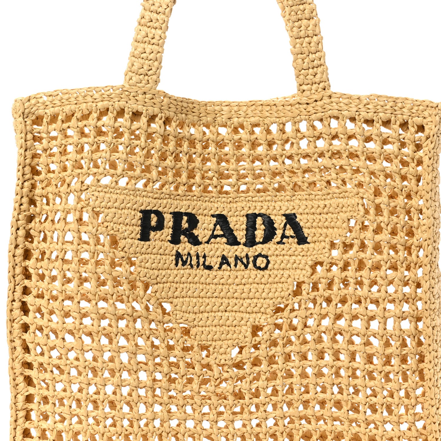 Prada Yarn Raffia Effect Crochet Logo Embroidered Tote Bag Naturale 7 of 9