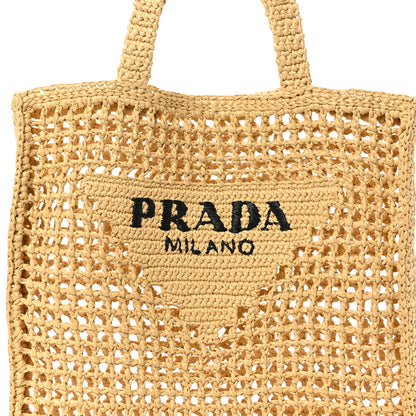 Prada Yarn Raffia Effect Crochet Logo Embroidered Tote Bag Naturale 7 of 9