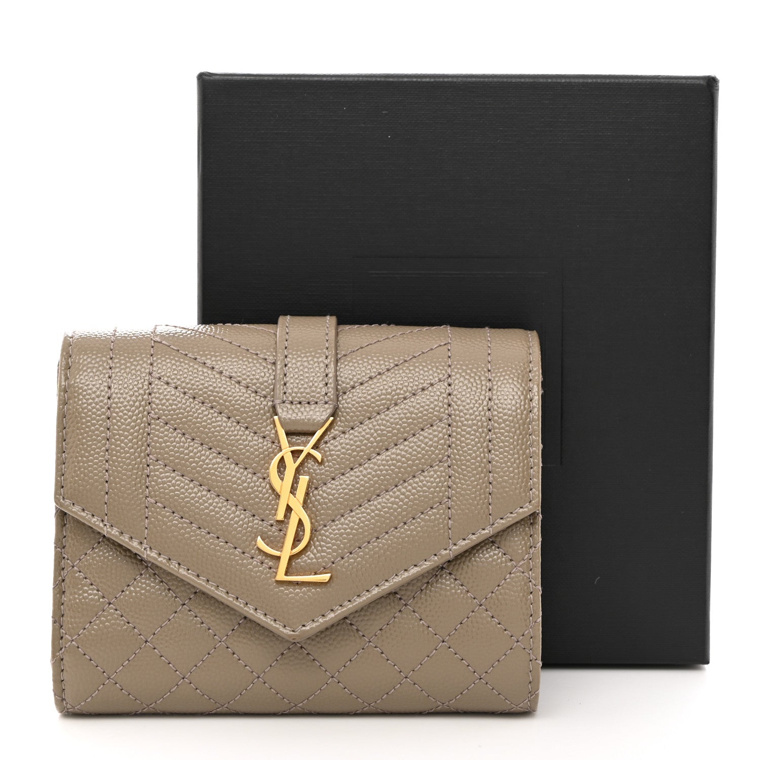 Saint Laurent Grain De Poudre Mixed Matelasse Triquilt Monogram Compact Tri Fold Wallet Greyish Brown 8 of 8
