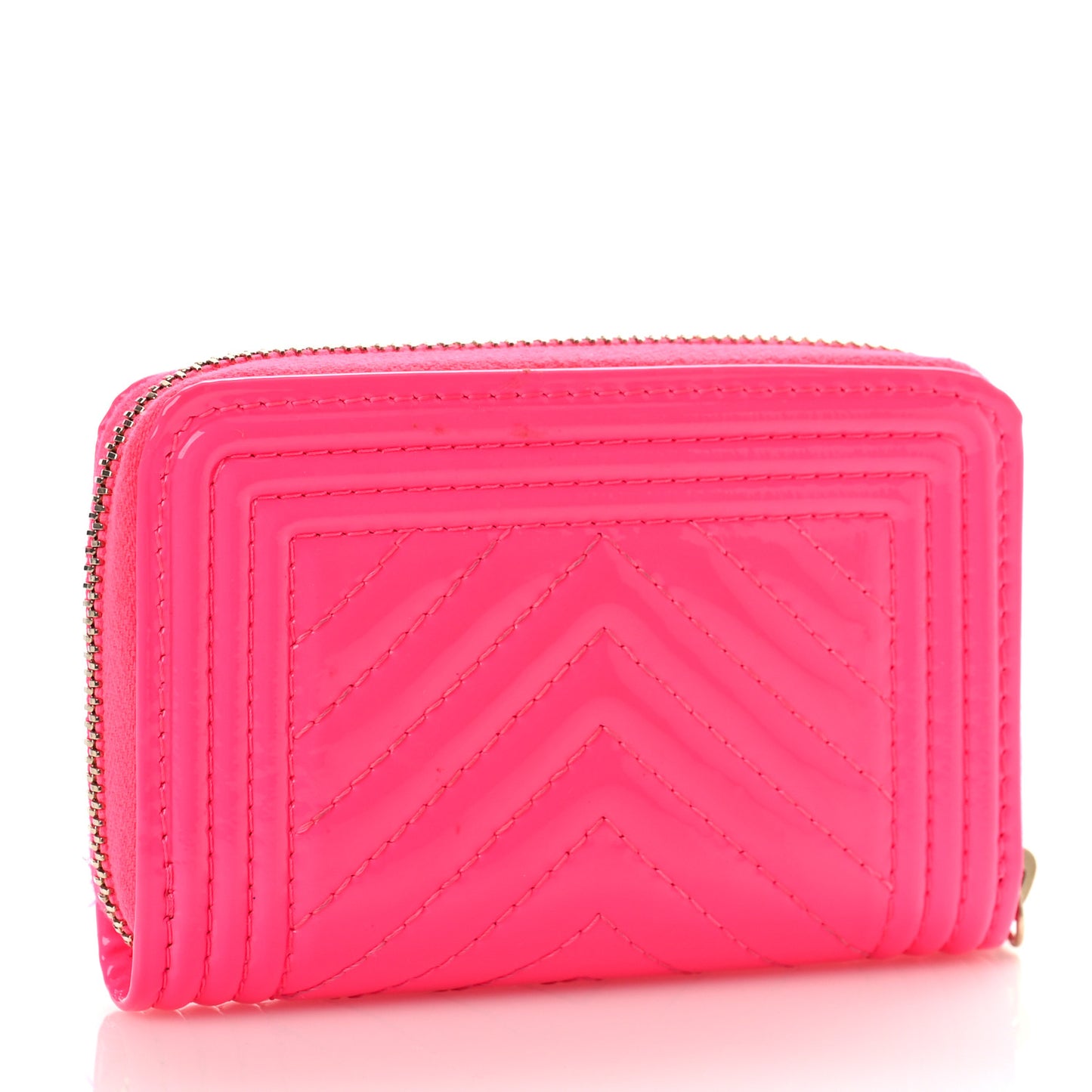 Patent Chevron Quilted Zip Around Boy Coin Purse Wallet Neon Pink