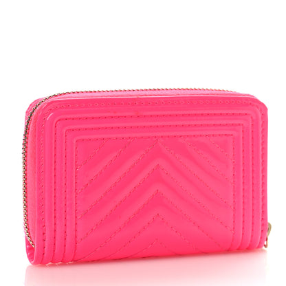 Chanel Patent Chevron Quilted Zip Around Boy Coin Purse Wallet Neon Pink 3 of 10